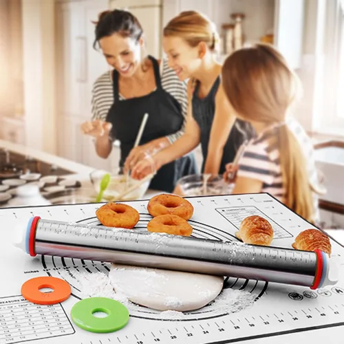 Miniatura 4 de Rodillos, Rodillo de Masa de Acero Inoxidable, Juego de Rodillo y Alfombrilla de Silicona para Repostería, Rodillo Ajustable con Anillos de Grosor