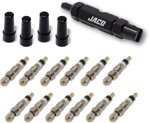 JACO Presta Kit de reparación de núcleo de válvula para neumáticos de bicicleta | con (12X) núcleos de válvula de repuesto, (4X) tapas de válvula y
