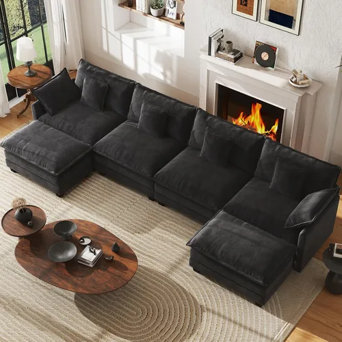 Miniatura 19 de WorthFurni Sofá Seccional Modular de 111.4", Sofá de Nube en Forma de U con 2 Otomanas Móviles, Cómodo Sofá de Chenille de Asiento Profundo