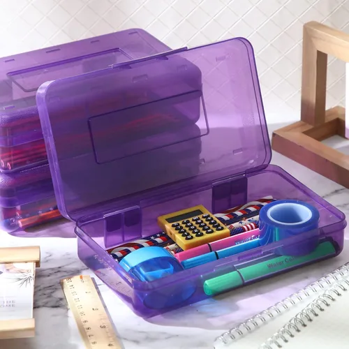 Miniatura 4 de Leelosp Paquete de 12 cajas de lápices transparentes para la escuela, estuche grande de plástico con tapa, caja de almacenamiento apilable de crayón
