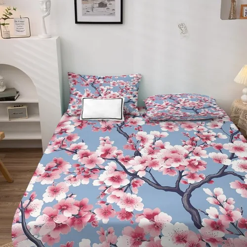 Miniatura 3 de Juego de sábanas de tamaño individual con estampado de flor de cerezo, sábanas japonesas de microfibra suave, bolsillo profundo, sábanas y fundas