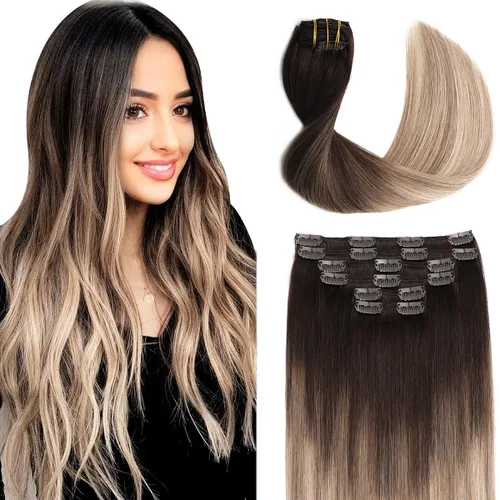 Miniatura 10 de Sindra Extensiones de cabello humano con clip, balayage 3/8/22 de color marrón oscuro a marrón ceniza y rubio dorado, extensiones de cabello humano