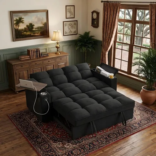 Miniatura 3 de Eafurn Sofá cama convertible con mesa giratoria de 360° y puertos USB, sofá biplaza de felpilla copetudo, sofá biplaza extraíble con reposabrazos