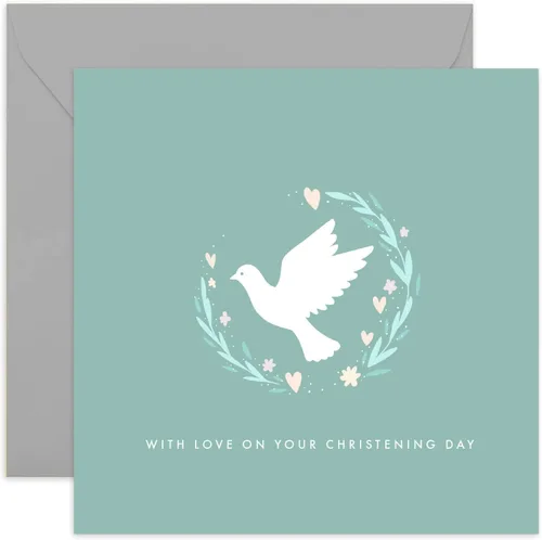 Old English Co. - Tarjeta de felicitación para el día del bautizo para niños, niñas, adultos, tarjeta de diseño simple de paloma de corazón floral,