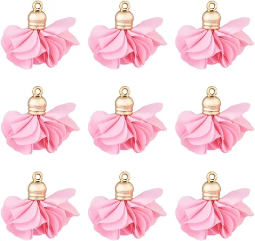 Miniatura 13 de Cheriswelry 50 colgantes de tela de tela de flores de tela negra con pétalos florales con tapa dorada en forma de campana para manualidades, aretes