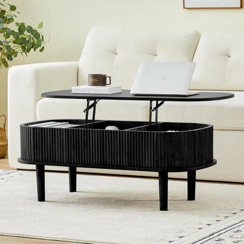 Miniatura 11 de Mesa de centro con parte superior acanalada totalmente montada con compartimento oculto, mesa central de madera, moderna mesa de elevación ovalada