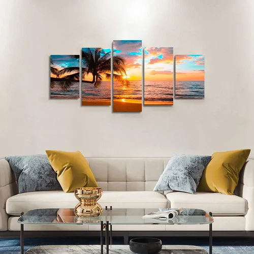 Miniatura 6 de EPHANY Lienzo abstracto de playa para pared, arte de paisaje, 5 piezas, lienzo para pared, decoración de playa, lienzo para pared, puesta de sol