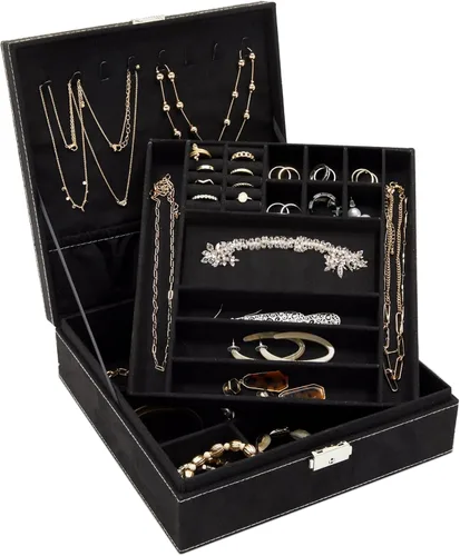 Miniatura 8 de Caja organizadora de alhajas con dos capas con cerradura y llave, textura de terciopelo, charola extraíble, compacta, amplio espacio de Negro