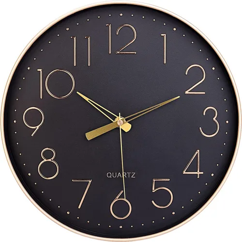 Topkey Reloj de pared negro de 12 pulgadas, silencioso, sin tictac, reloj de pared redondo decorativo para sala de estar, dormitorio, cocina