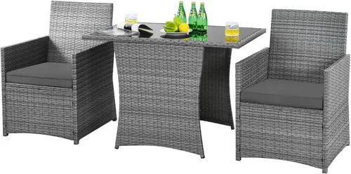 Miniatura 12 de HAPPYGRILL Juego de muebles de patio de 3 piezas, juego de mimbre de ratán PE para exteriores, con cojines lavables y mesa de vidrio templado
