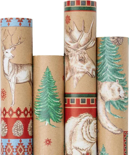 Miniatura 13 de RUSPEPA - Papel para envolver regalos de Navidad, papel kraft café con impresión de elementos navideños negros - 4 rollos de 30 pulgadas x 10 pies