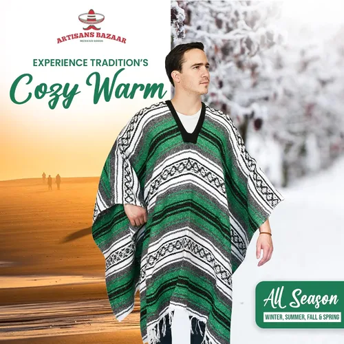 Miniatura 55 de Artisans Bazaar Poncho tradicional mexicano de Baja para hombres y mujeres, auténtico sarape de Gaban, manta de vaquero Pancho Jorongo