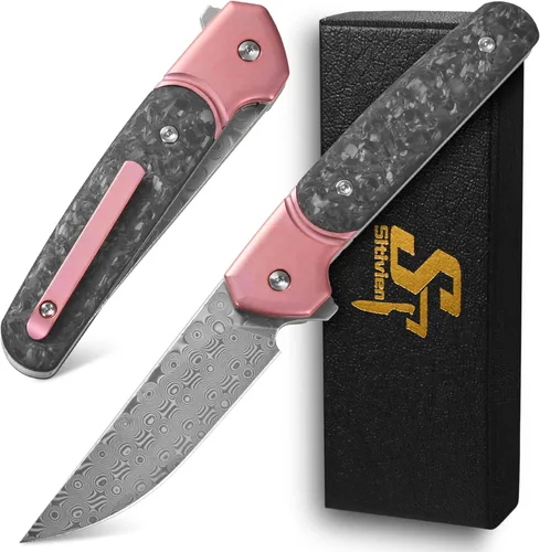 Miniatura 9 de Sitivien ST252 Cuchillo plegable de acero Damasco, hoja de damasco, mango de fibra de carbono de titanio, cuchillo EDC para acampar al aire libre