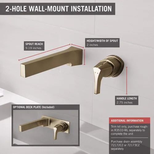 Miniatura 3 de DELTA FAUCET T574LF-CZWL - Grifo de baño de una sola manija para montaje en pared, bronce champán