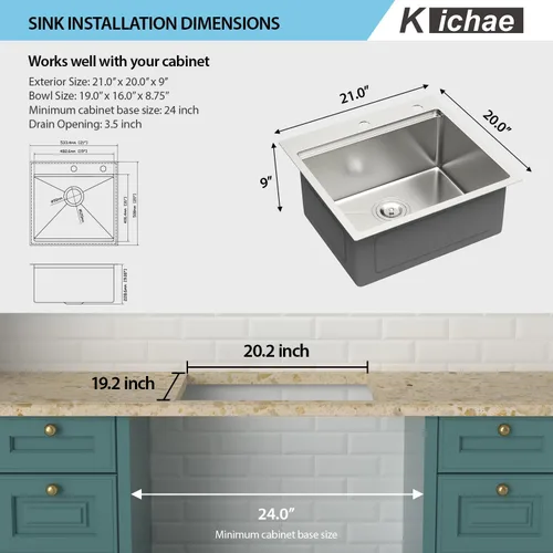 Miniatura 7 de Kichae Fregadero de Cocina de 21x20 Pulgadas, Fregadero de Barra Pequeño, Fregadero de Acero Inoxidable, Montaje Superior, Montaje Inferior