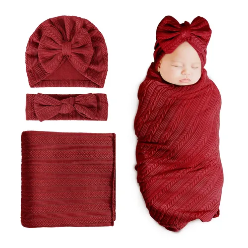 Miniatura 14 de DRESHOW BQUBO Manta de recepción para recién nacido, cálida para niñas con sombrero de lazo y diadema de lazo, regalo para baby shower 1 juego