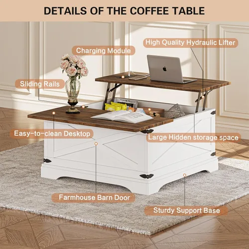 Miniatura 8 de BROTTAR - Mesa de centro con superficie elevable y almacenamiento, mesa cuadrada para sala de estar con puertos de carga, mesa de comedor