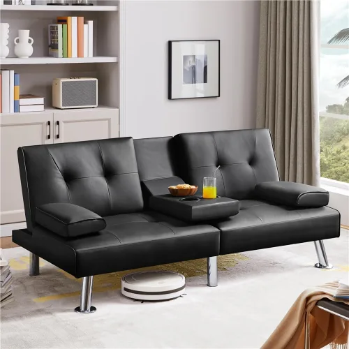 Miniatura 2 de Yaheetech Sofá Cama Convertible Sillón Reclinable Ajustable Moderno de Cuero Sintético Sofá de Dos Plazas Reversible Cama Plegable Tipo Diván