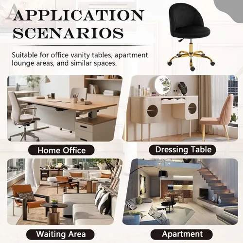 Miniatura 8 de Silla de tocador negra y dorada con respaldo, silla pequeña para tocador, sillas de maquillaje giratorias de terciopelo y bonitas sillas déak
