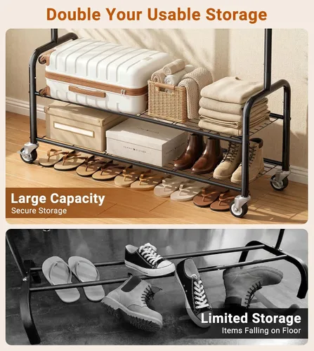 Miniatura 2 de AOODA Perchero resistente con estantes, estantes de ropa de metal de 46.5 pulgadas para colgar ropa, perchero con ruedas con cerradura para abrigos
