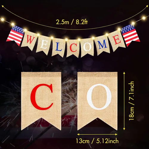Miniatura 2 de Mudder Cartel de bienvenida al hogar del 4 de julio con decoración LED, cadena de luces de hadas, 2 modos de parpadeo, pancarta patriótica