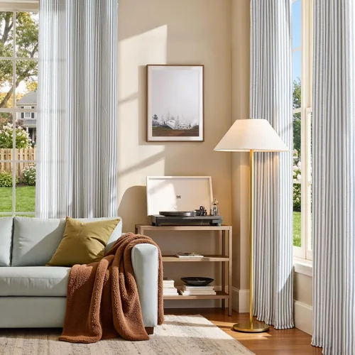 Miniatura 3 de jinchan - Cortinas de lino para sala o dormitorio, con estampado a rayas azules sobre beige, patrón de franjas que filtran la luz, accesorio