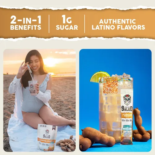Miniatura 2 de Paquetes de Hidratación 2-en-1 Salud + Polvo de Electrolitos para la Inmunidad, Tamarindo - Mezcla para Bebida Agua Fresca, Baya del Saúco, Libre