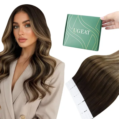 Miniatura 16 de Ugeat - Extensiones de cabello humano con cinta adhesiva, color marrón, extensiones de cabello humano, color marrón oscuro a rubio caramelo, Cinta