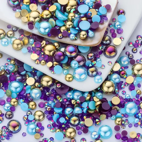 60g de Perlas Acuamarina Dorada con Diamantes de Imitación para Manualidades Tamaño Mixto 3mm-10mm Color AB Redondas Perlas Medias Planas Conjunto