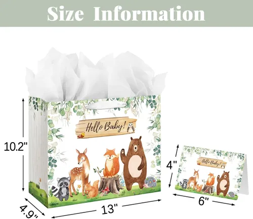 Miniatura 2 de Laidans Bolsa de regalo grande de 13 pulgadas para baby shower o cumpleaños con asa, papel de seda y tarjeta de felicitación