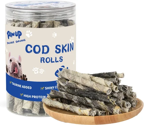 Miniatura 12 de Golosinas para perros PAWUP, piel de bacalao con Taurina, masticables de un ingrediente sin granos, rollos de piel de pescado ricos en Omega3, 8