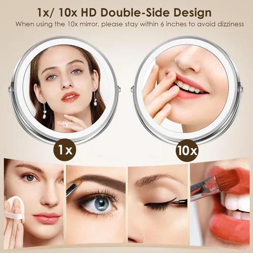 Miniatura 5 de MNIENT Espejo de maquillaje iluminado montado en la pared, espejo de aumento recargable de doble cara de 8 pulgadas, 1x/10x, espejo de tocador LED