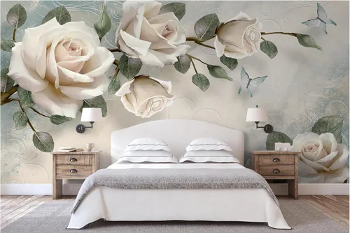 Murwall Floral Wallpaper Cream Rose Wall Mural 3D Photo Nordic Flower Wall Print Living Room Bedroom Entryway Cafe Design