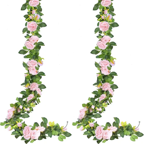 Sggvecsy 2 piezas de 15.5 pies de enredadera de rosa artificial, guirnalda de flores falsas, guirnalda floral de seda sintética colgante, enredadera