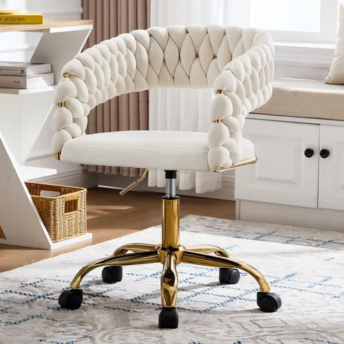 NIOIIKIT Silla de oficina tejida en casa, silla de escritorio tapizada de terciopelo con respaldo abierto, silla de trabajo de altura ajustable,