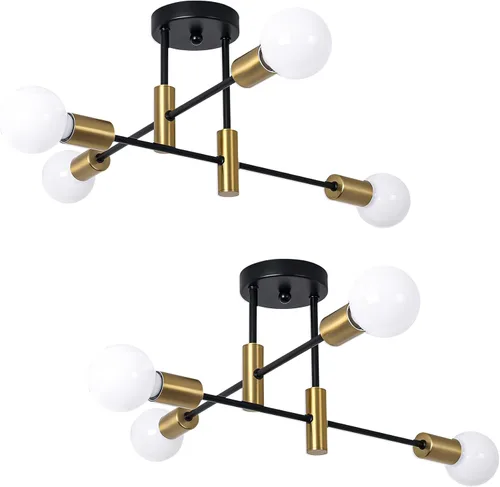 Garwarm Paquete de 2 lámparas de techo Sputnik de montaje industrial semiempotrado de 4 luces, lámpara Sputnik moderna negra y dorada para porche,