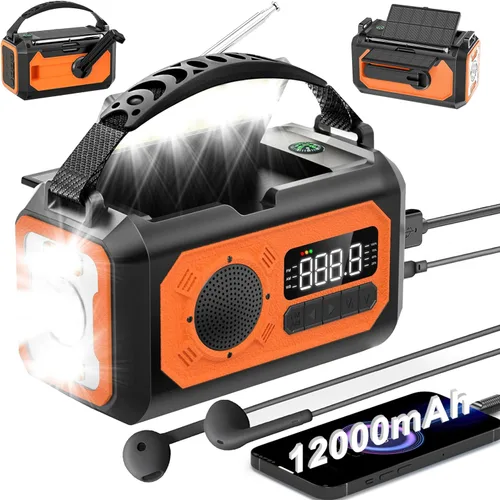 Miniatura 8 de Radio de emergencia de 12000 mAh, radio portátil de alerta meteorológica AM/FM/NOAA, manivela con linterna, lámpara de lectura, alarma SOS, cargador