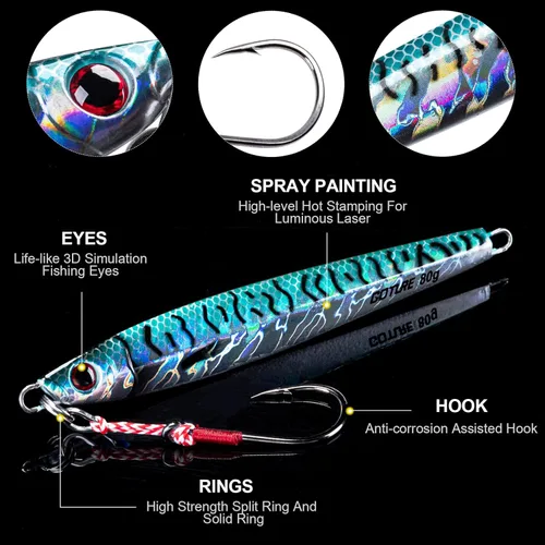 Miniatura 2 de Goture Fishing Jigs Saltwater 60g-200g with Assist Hook, Glow Vertical Jigs, Speed Fast Lead Jig Sea Fishing Jigging Spoon Lures for Tuna, Salmon