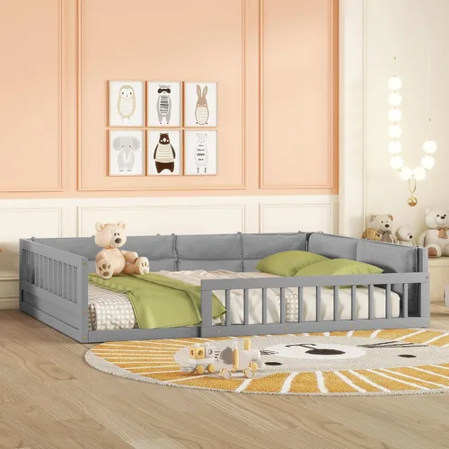 Miniatura 11 de Cama de plataforma de tamaño matrimonial con valla, plataforma tapizada de madera con barandilla y almohada, color beige