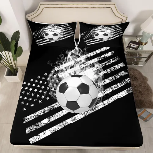 Miniatura 4 de Juego de sábanas de fútbol tamaño individual para niños y niñas, juego de sábanas de bandera estadounidense, juego de ropa de cama con bandera