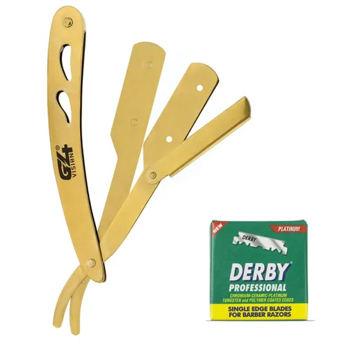 Miniatura 7 de G4 Maquinilla de afeitar profesional de borde recto para hombres con 100 cuchillas derby reemplazables para barbero Dorado