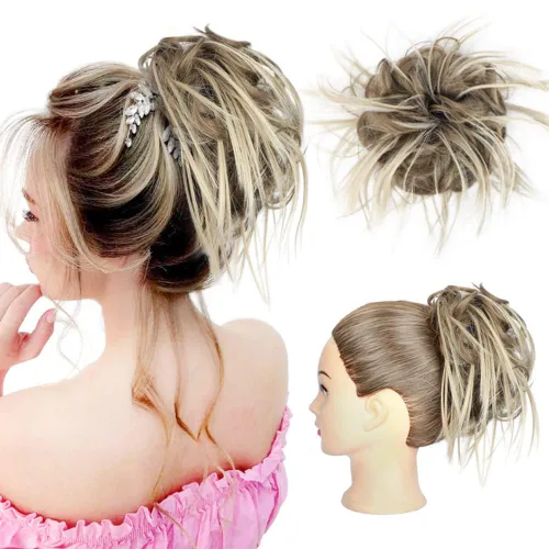 Miniatura 20 de HMD - Extensiones de cabello tipo chongo alborotado con rodelo despeinado, banda elástica de goma, extensiones de cabello sintético para mujer