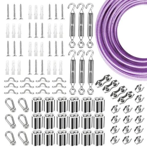 Miniatura 28 de Kit de suspensión de luces de cuerda de globo, cable guía de luz para exteriores, cable de acero inoxidable recubierto de vinilo, incluye 50 pies