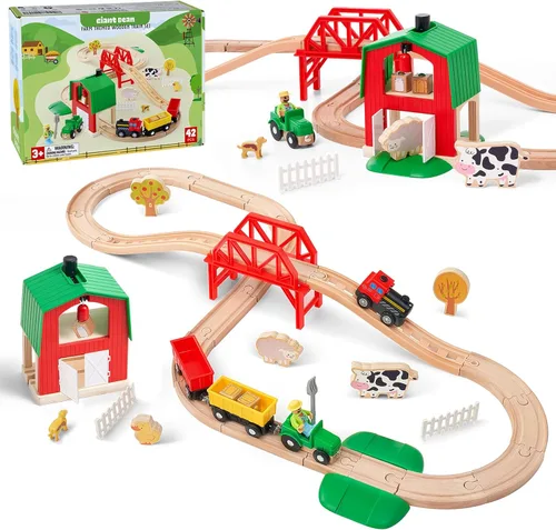 Miniatura 9 de Giant bean Juego de tren de granja de madera de 42 piezas para niños pequeños, tren que funciona con pilas, vía de tren con puente, granero, Juego