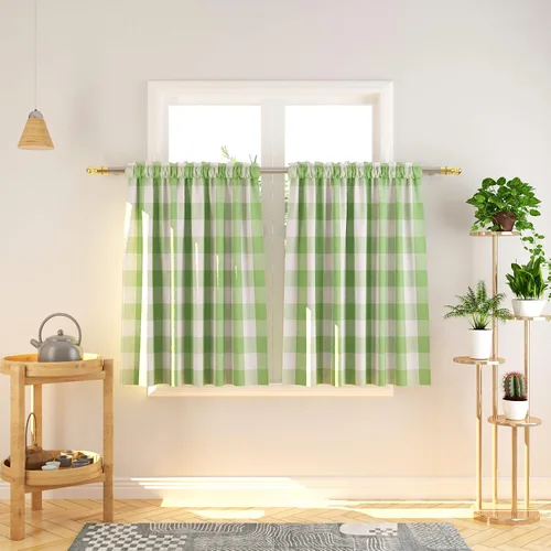 Miniatura 78 de Cenefas de cortina para ventana de 16 pulgadas de largo, 2 paneles de cuadros búfalo, cortinas pequeñas con bolsillo para barra, estilo clásico