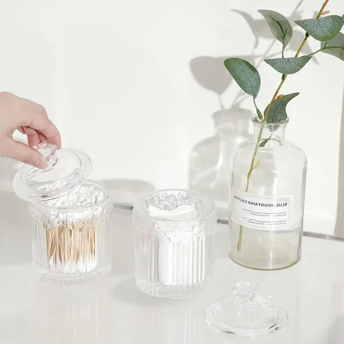 Miniatura 4 de rejomiik Paquete de 2 tarros de vidrio con tapas para boticario, accesorios de baño, organizadores de tocador y recipiente de almacenamiento