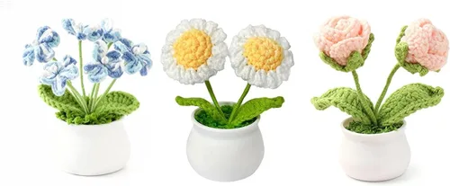 Miniatura 4 de Juego de 3 macetas de ganchillo con margarita rosa y Forget Me Not Small Potted Flowers Crochet Regalo para mamá, esposa, Día de la Madre