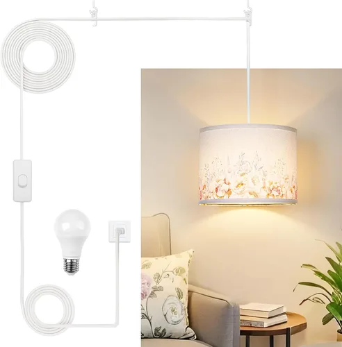 Miniatura 11 de Lámpara Colgante Enchufable de Ratán, Luces Colgantes Boho con Sombra Tejida de Papel y Tela 2 en 1, Bombilla Regulable de 3 Vías Incluida, Lámpara