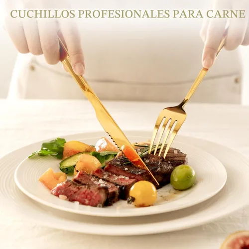 Miniatura 3 de Juego de cubiertos Astercook de 48 piezas en color dorado con cuchillos de carne, juego de cubiertos de acero inoxidable de grado alimenticio