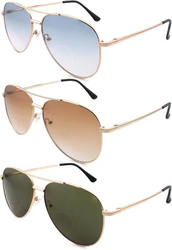 Miniatura 9 de Paquete de 3 Gafas de Lectura Bifocales para Mujeres y Hombres, Gafas Lectoras Bifocales de Aviador, Lentes de Doble Foco +2.0 3 pares: oro + plata